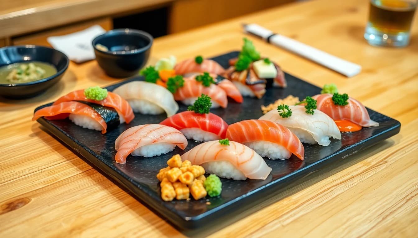 Exquisite omakase sushi platter with nigiri and sashimi on a cedar counter at a Vancouver sushi bar