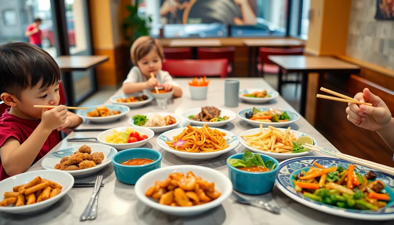 Family-friendly Asian restaurant table with colorful kid portions and fun plated dishes for children