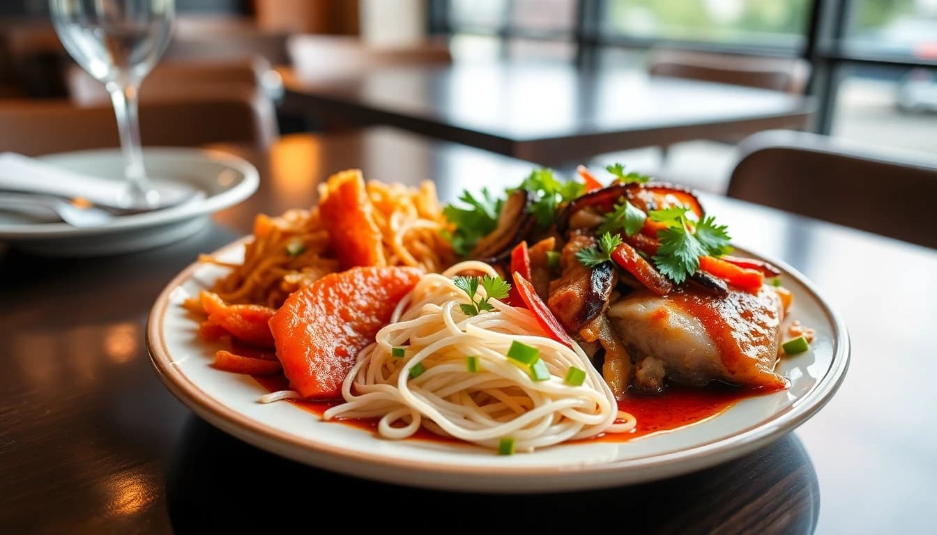 Asian catering buffet setup with dim sum, noodles, and stir-fry dishes for a Vancouver event