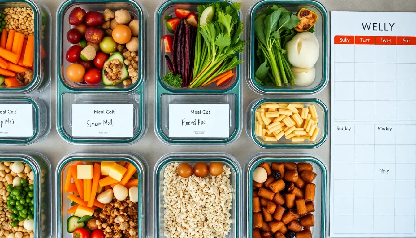 Neatly organized meal prep subscription containers with portioned ingredients and a weekly planning board